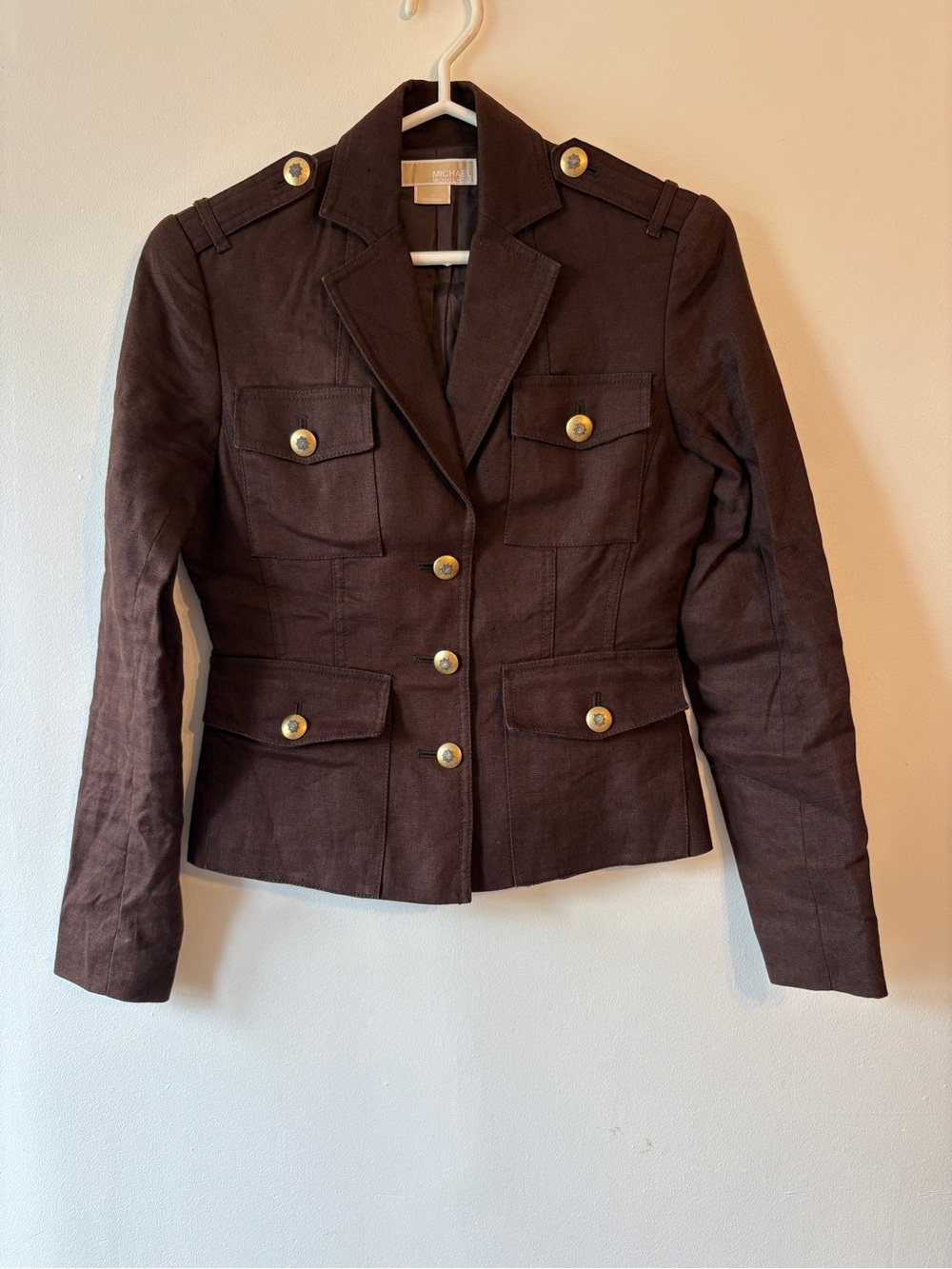 Michael Kors Military Blazer Brown Linen Jacket Gold Button Fitted Size 2 - Picture 2 of 8